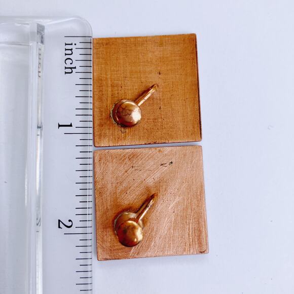 VTG Mid Century Red Enamel Copper Screw Back Earring Modernist Geometric Jewelry - Picture 7 of 8